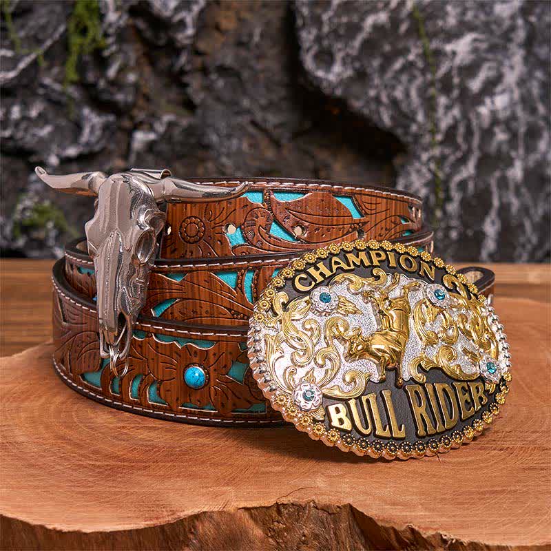 Golden DIY Bull Rider Belt Buckle Longhorn Bull Pendant Bundle Set - Bull Rider - Turquoise Carved Belt - 42 - image 0