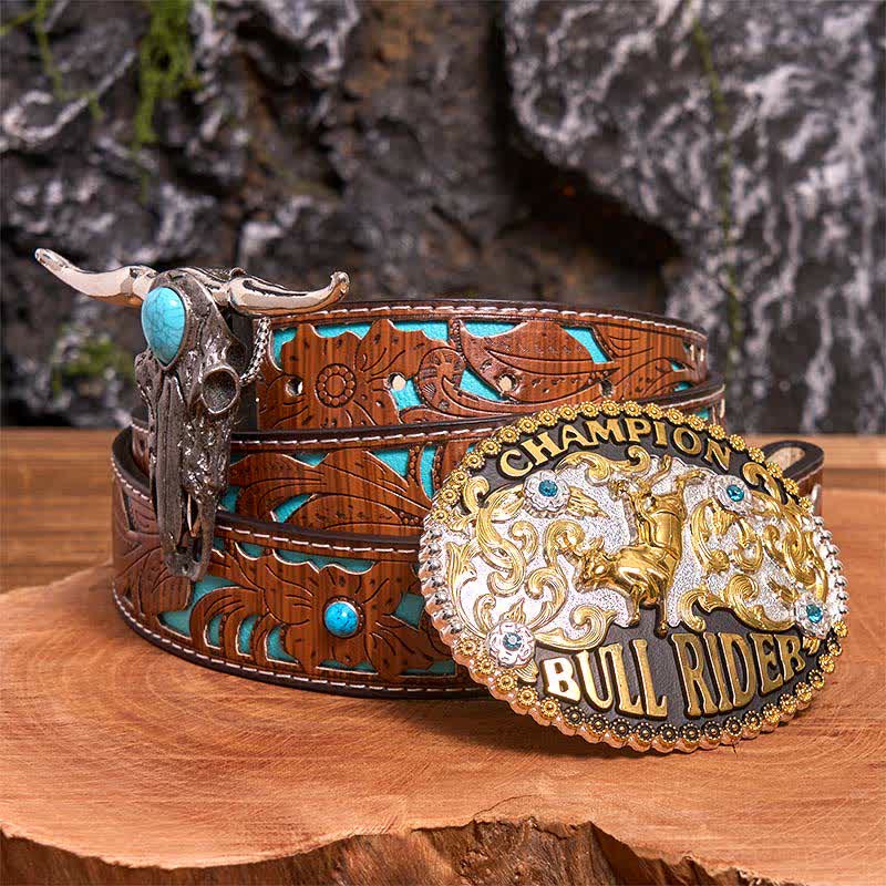 Bull Rider DIY Belt Buckle Turquoise Longhorn Bull Pendant Bundle Set (PRE-SALE) - Bull Rider - Turquoise Carved Belt - 42 - image 0