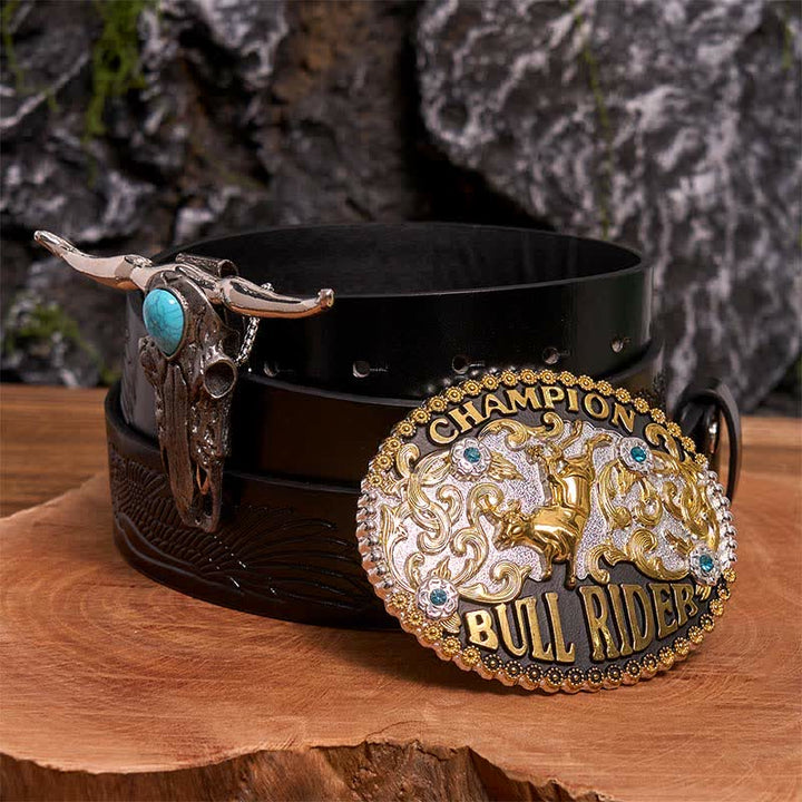 Bull Rider DIY Belt Buckle Turquoise Longhorn Bull Pendant Bundle Set - Bull Rider - Black Embossed Eagle Belt - 42 - image 3