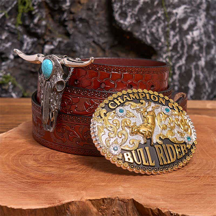 Bull Rider DIY Belt Buckle Turquoise Longhorn Bull Pendant Bundle Set (PRE-SALE) - Bull Rider - Brown Carved Belt - 42 - image 6