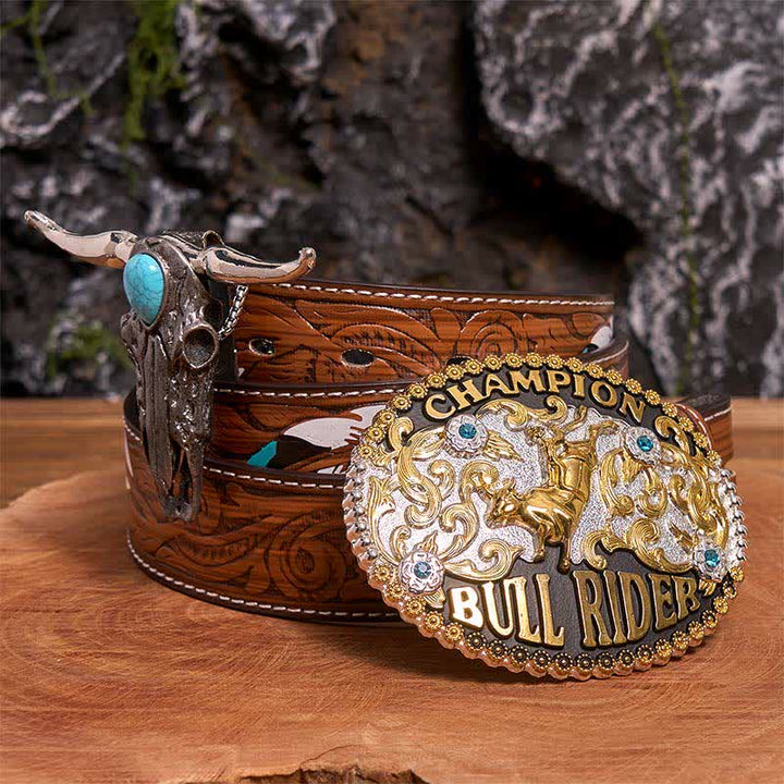 Bull Rider DIY Belt Buckle Turquoise Longhorn Bull Pendant Bundle Set - Bull Rider - Brown Feather Belt - 40 - image 7