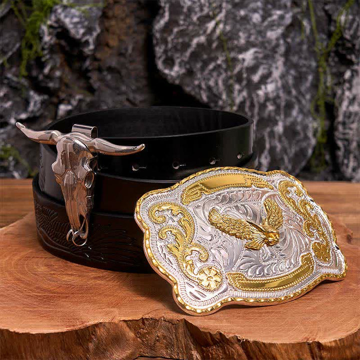 Gold Flying Eagle DIY Belt Buckle Longhorn Bull Pendant Bundle Set - Flying Eagle - Black Embossed Eagle Belt - 42 - image 0