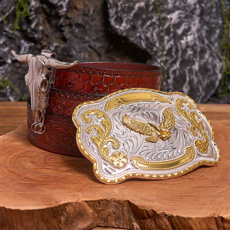Gold Flying Eagle DIY Belt Buckle Longhorn Bull Pendant Bundle Set - Flying Eagle - Brown Carved Belt - 42 - image 6