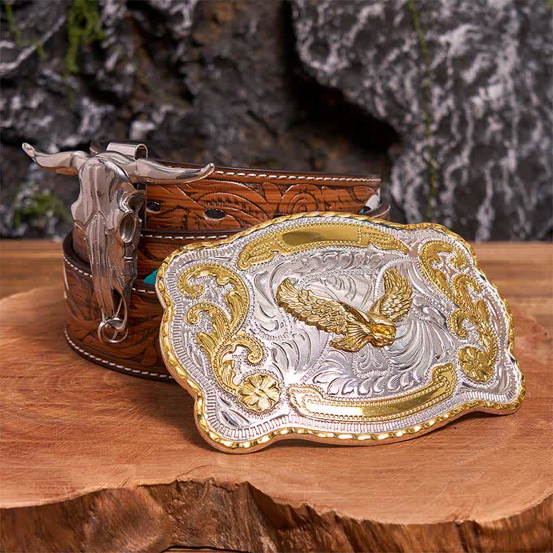 Gold Flying Eagle DIY Belt Buckle Longhorn Bull Pendant Bundle Set - Flying Eagle - Brown Feather Belt - 40 - image 7