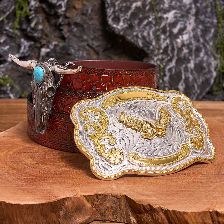 Gold Eagle DIY Belt Buckle Turquoise Longhorn Bull Pendant Bundle Set (PRE-SALE) - Flying Eagle - Brown Carved Belt - 42 - image 6