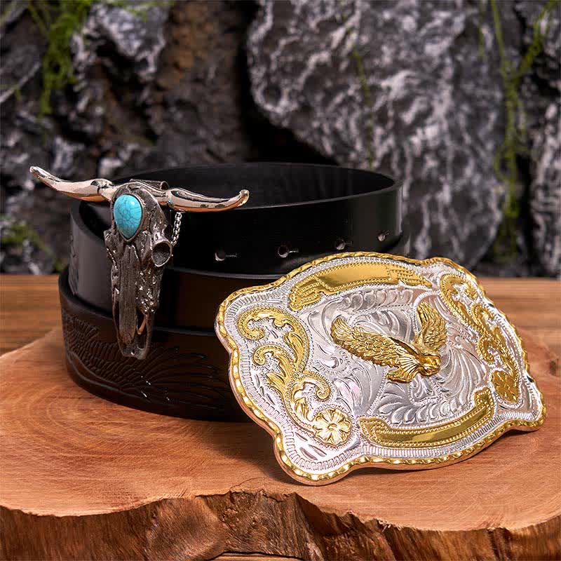 Gold Eagle DIY Belt Buckle Turquoise Longhorn Bull Pendant Bundle Set (PRE-SALE) - Flying Eagle - Black Embossed Eagle Belt - 42 - image 0