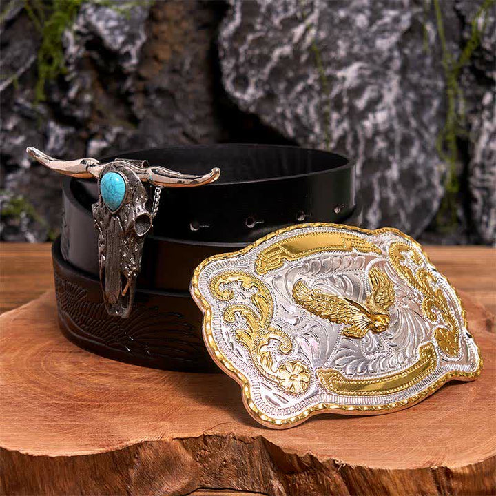 Gold Eagle DIY Belt Buckle Turquoise Longhorn Bull Pendant Bundle Set (PRE-SALE) - Flying Eagle - Black Embossed Eagle Belt - 42 - image 0