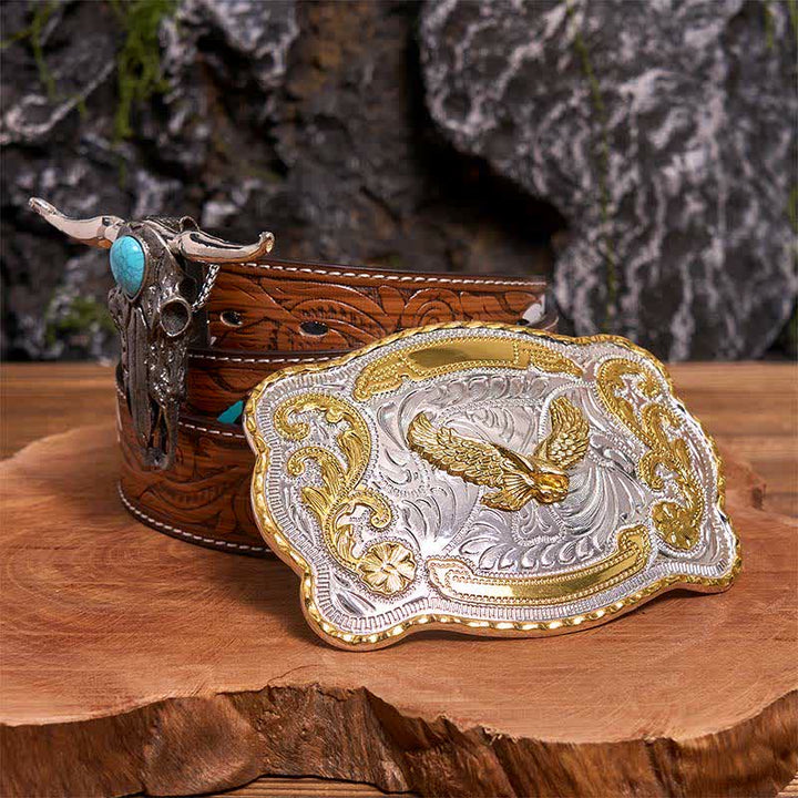 Gold Eagle DIY Belt Buckle Turquoise Longhorn Bull Pendant Bundle Set (PRE-SALE) - Flying Eagle - Brown Feather Belt - 40 - image 7