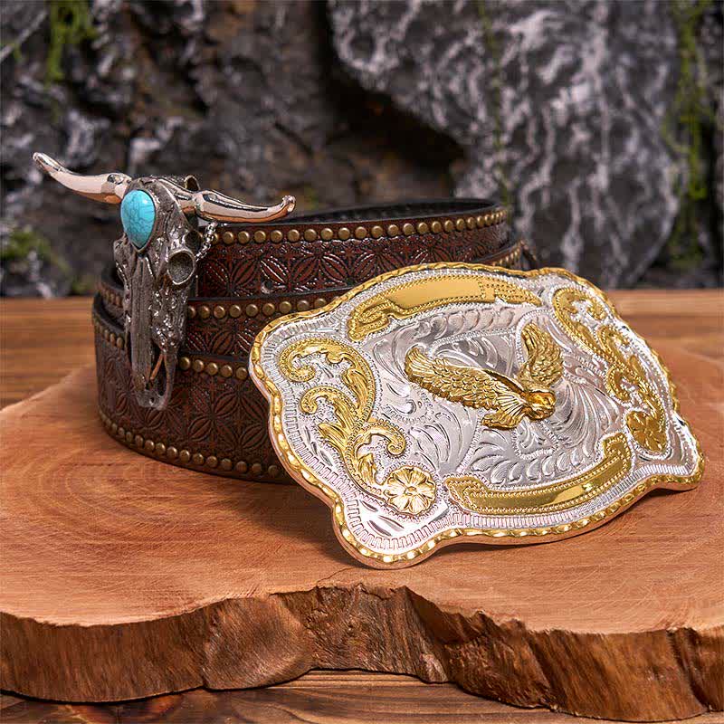 Gold Eagle DIY Belt Buckle Turquoise Longhorn Bull Pendant Bundle Set (PRE-SALE) - Flying Eagle - Brown Rivet Belt - 42 - image 4