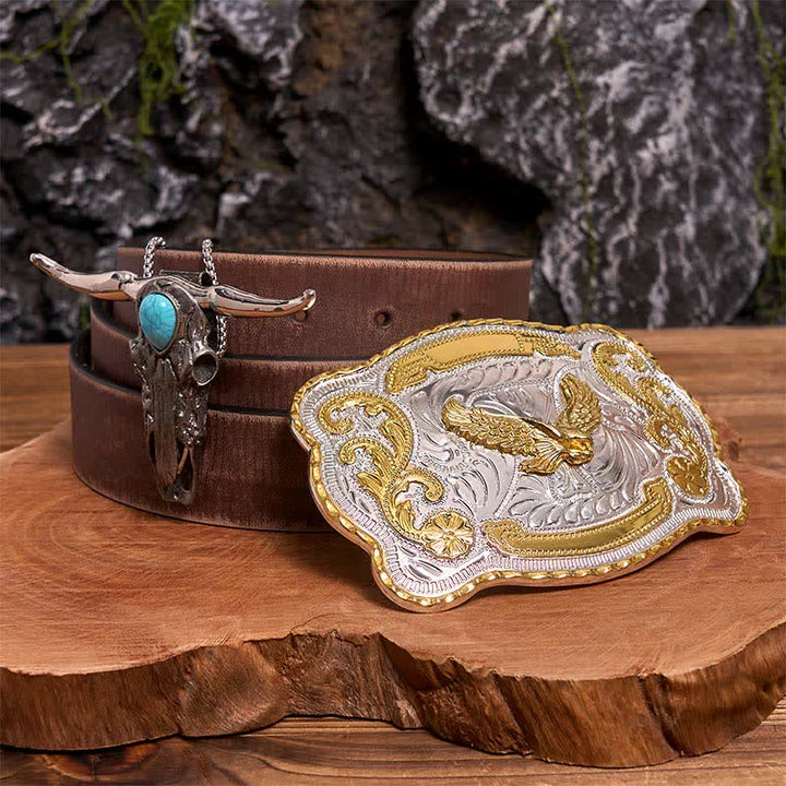 Gold Eagle DIY Belt Buckle Turquoise Longhorn Bull Pendant Bundle Set (PRE-SALE) - Flying Eagle - Brown Distressed Belt - 42 - image 5