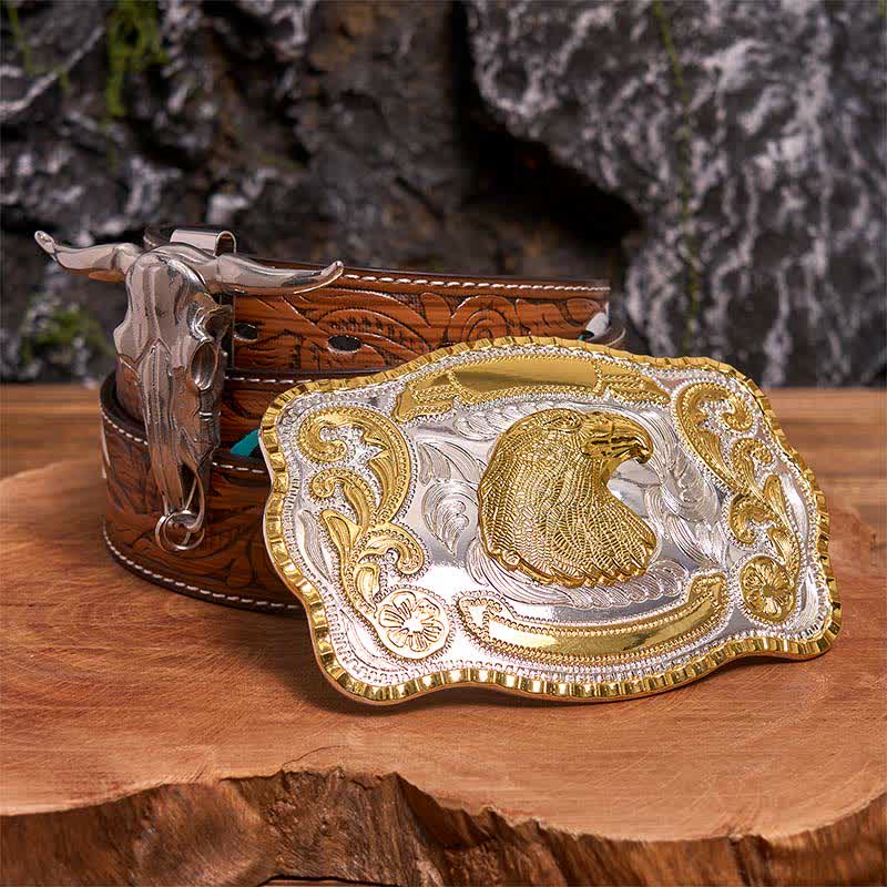 Gold Eagle Head DIY Belt Buckle Longhorn Bull Pendant Bundle Set - Eagle Head - Brown Feather Belt - 40 - image 7