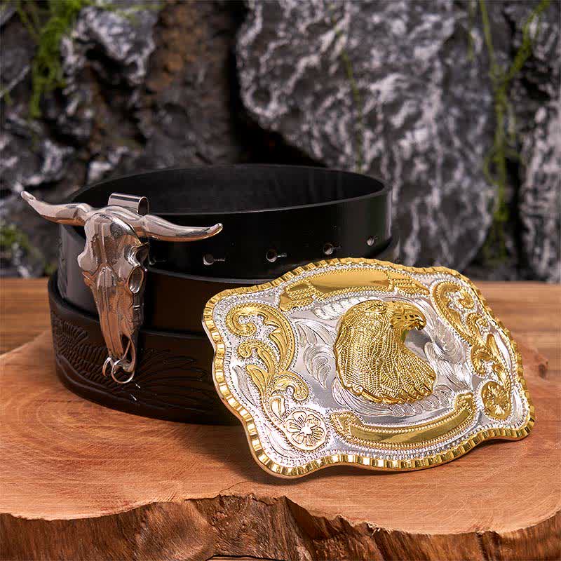 Gold Eagle Head DIY Belt Buckle Longhorn Bull Pendant Bundle Set - Eagle Head - Black Embossed Eagle Belt - 42 - image 0