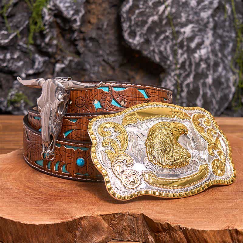 Gold Eagle Head DIY Belt Buckle Longhorn Bull Pendant Bundle Set - Eagle Head - Turquoise Carved Belt - 42 - image 3