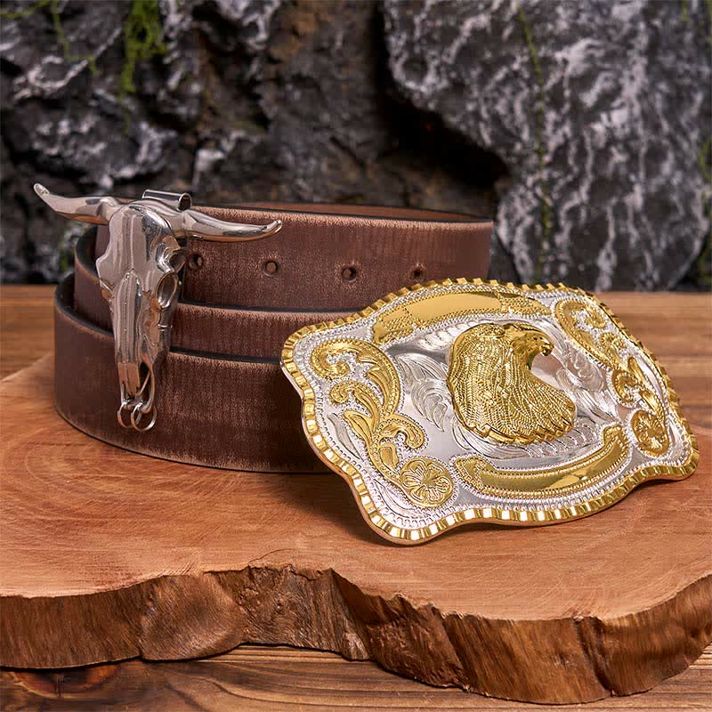 Gold Eagle Head DIY Belt Buckle Longhorn Bull Pendant Bundle Set - Eagle Head - Brown Distressed Belt - 42 - image 5