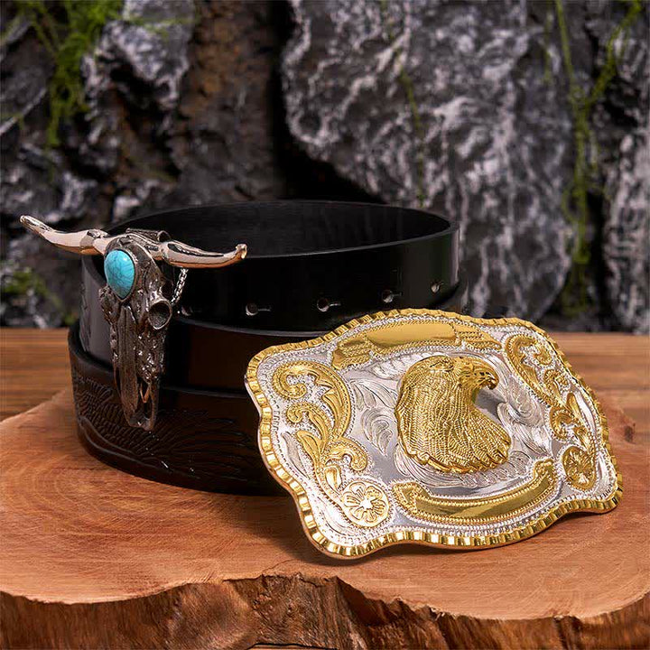 Eagle Head DIY Belt Buckle Turquoise Longhorn Bull Pendant Bundle Set - Eagle Head - Black Embossed Eagle Belt - 42 - image 0