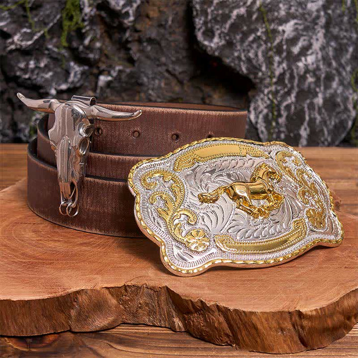 Gold Horse DIY Belt Buckle Longhorn Bull Pendant Bundle Set - Horse - Brown Distressed Belt - 42 - image 6