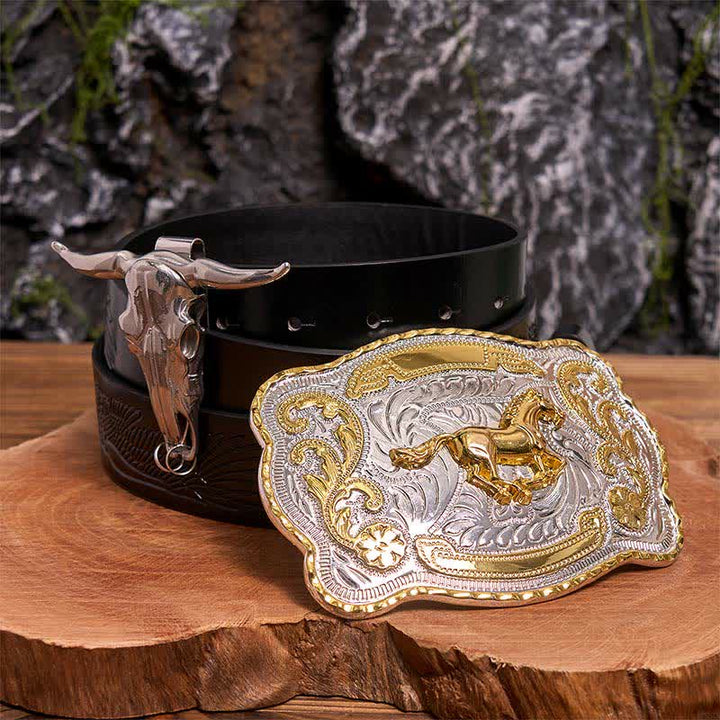 Gold Horse DIY Belt Buckle Longhorn Bull Pendant Bundle Set - Horse - Black Embossed Eagle Belt - 42 - image 3