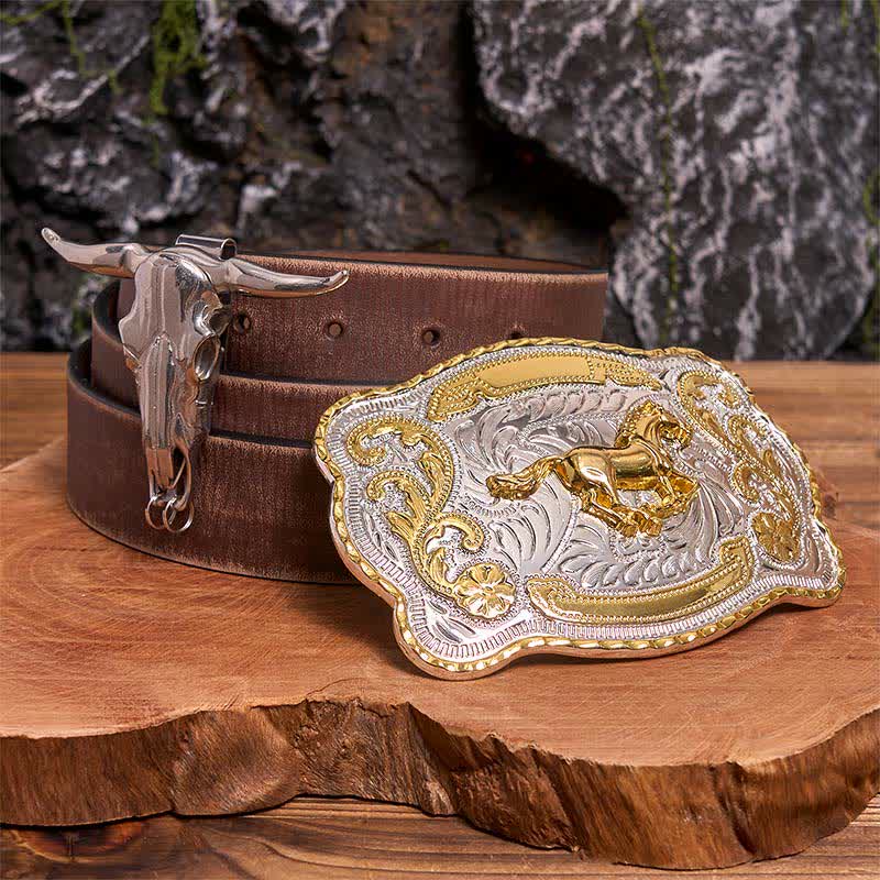 Gold Horse DIY Belt Buckle Longhorn Bull Pendant Bundle Set - Horse - Brown Distressed Belt - 42 - image 6