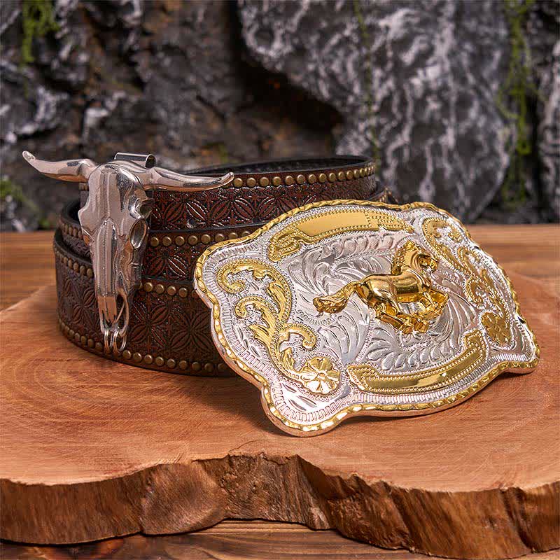 Gold Horse DIY Belt Buckle Longhorn Bull Pendant Bundle Set - Horse - Brown Rivet Belt - 42 - image 5