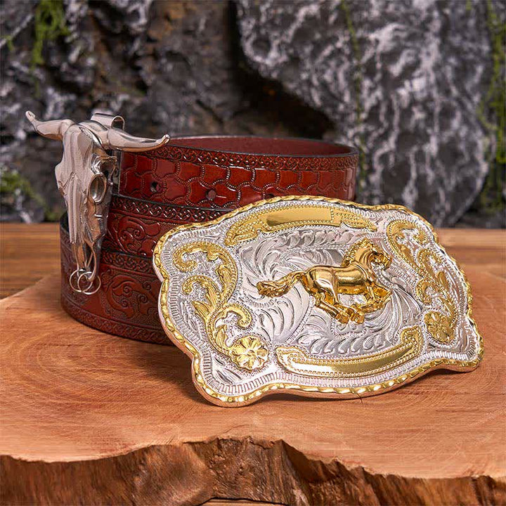 Gold Horse DIY Belt Buckle Longhorn Bull Pendant Bundle Set - Horse - Brown Carved Belt - 42 - image 7