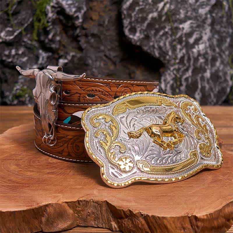 Gold Horse DIY Belt Buckle Longhorn Bull Pendant Bundle Set - Horse - Brown Feather Belt - 40 - image 0