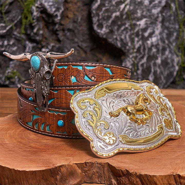 Gold Horse DIY Belt Buckle Turquoise Longhorn Bull Pendant Bundle Set (PRE-SALE) - Horse - Turquoise Carved Belt - 42 - image 4