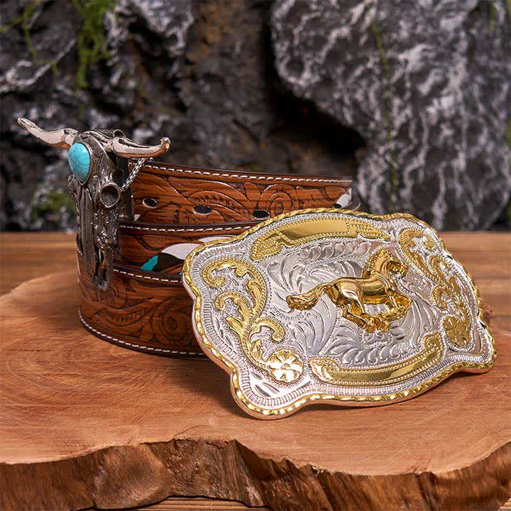 Gold Horse DIY Belt Buckle Turquoise Longhorn Bull Pendant Bundle Set - Horse - Brown Feather Belt - 40 - image 0