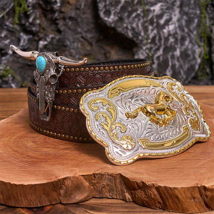 Gold Horse DIY Belt Buckle Turquoise Longhorn Bull Pendant Bundle Set (PRE-SALE) - Horse - Brown Rivet Belt - 42 - image 5