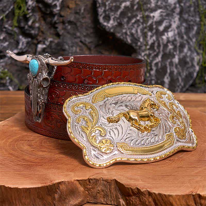 Gold Horse DIY Belt Buckle Turquoise Longhorn Bull Pendant Bundle Set (PRE-SALE) - Horse - Brown Carved Belt - 42 - image 7