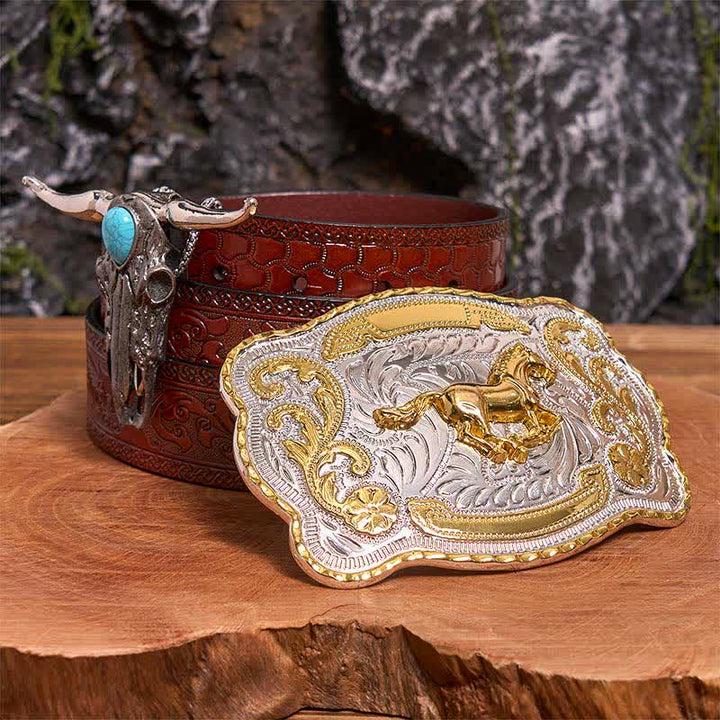 Gold Horse DIY Belt Buckle Turquoise Longhorn Bull Pendant Bundle Set (PRE-SALE) - Horse - Brown Carved Belt - 42 - image 7