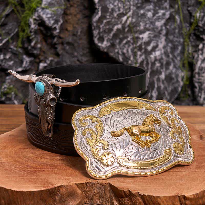 Gold Horse DIY Belt Buckle Turquoise Longhorn Bull Pendant Bundle Set (PRE-SALE) - Horse - Black Embossed Eagle Belt - 42 - image 3