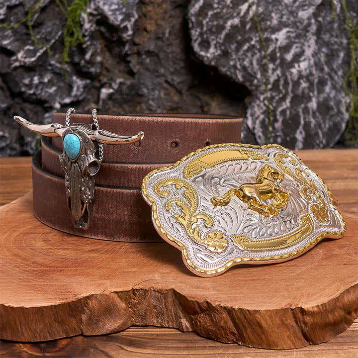 Gold Horse DIY Belt Buckle Turquoise Longhorn Bull Pendant Bundle Set (PRE-SALE) - Horse - Brown Distressed Belt - 42 - image 6