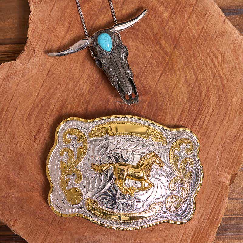 Gold Horse DIY Belt Buckle Turquoise Longhorn Bull Pendant Bundle Set - Horse - Without Belt - Not Include Belt - image 1
