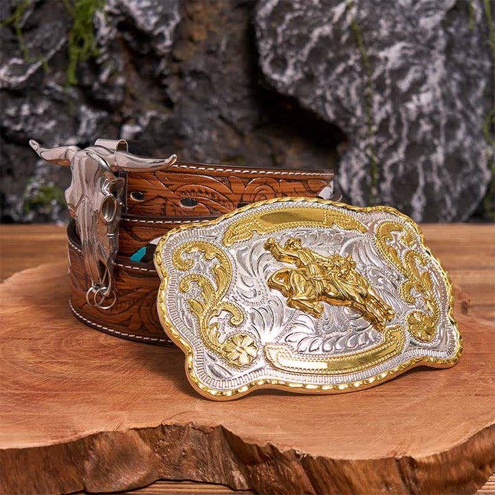 Horse Riding DIY Belt Buckle Longhorn Bull Pendant Bundle Set - Horse - Brown Feather Belt - 40 - image 0