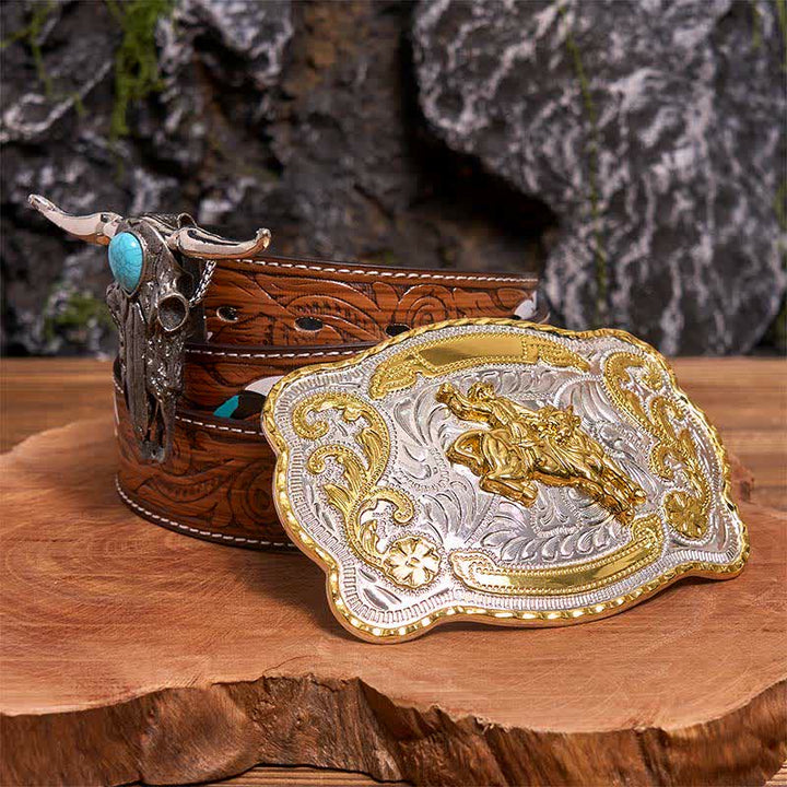 Horse Riding DIY Belt Buckle Turquoise Longhorn Bull Pendant Bundle Set - Horse Riding - Brown Feather Belt - 40 - image 0