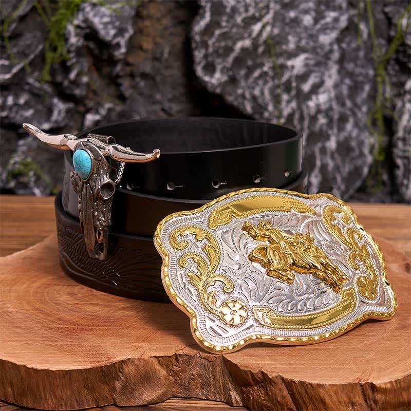 Horse Riding DIY Belt Buckle Turquoise Longhorn Bull Pendant Bundle Set - Horse Riding - Black Embossed Eagle Belt - 42 - image 3
