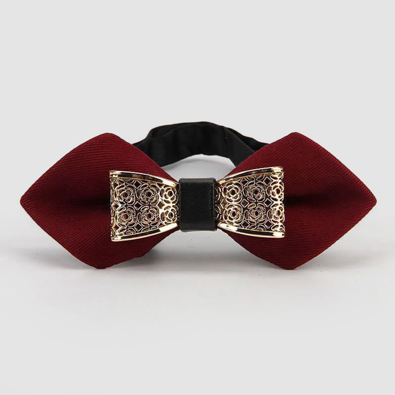 Men's Hollow Golden Flower Pointy Bow Tie - Burgundy - image 3