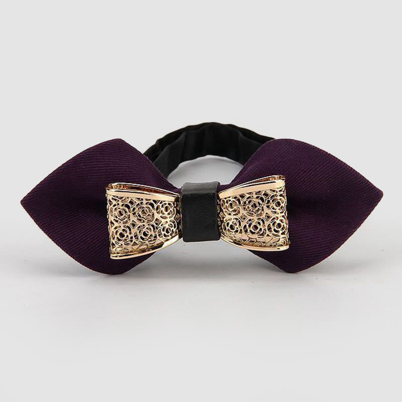 Men's Hollow Golden Flower Pointy Bow Tie - Purple - image 9