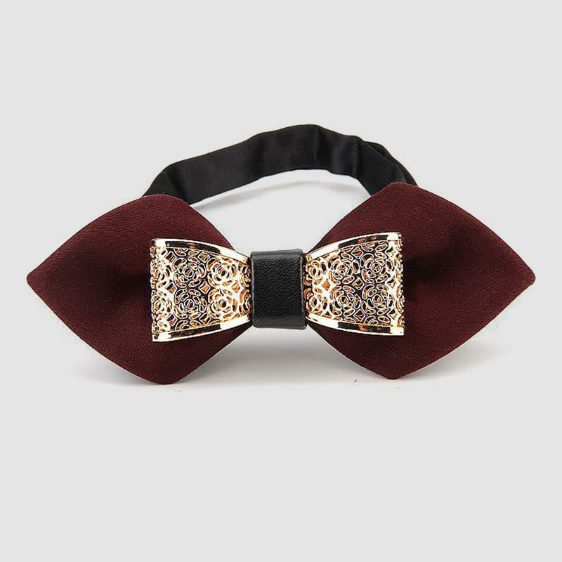 Men's Hollow Golden Flower Pointy Bow Tie - Dark Red - image 11