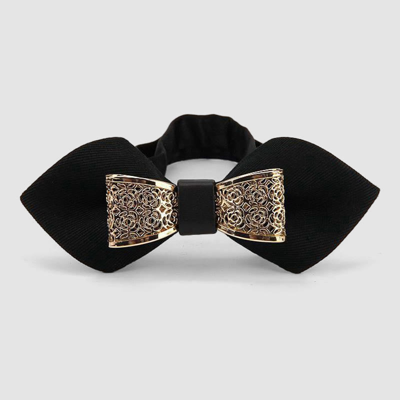 Men's Hollow Golden Flower Pointy Bow Tie - Black - image 0