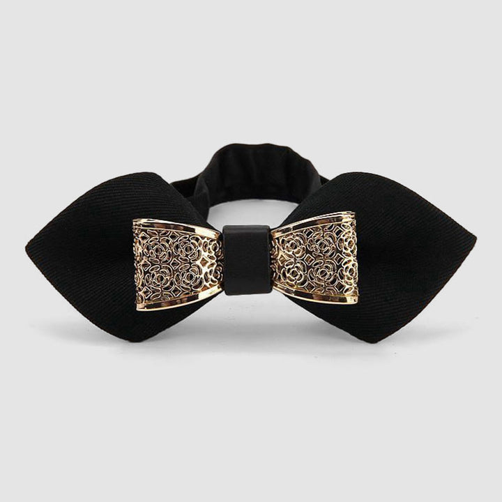 Men's Hollow Golden Flower Pointy Bow Tie - Black - image 0