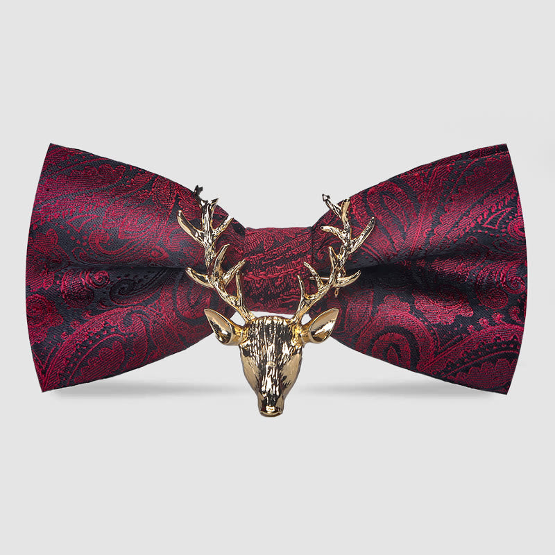 Men's Paisley Christmas Elk Head Decor Bow Tie - Burgundy & Gold - image 0
