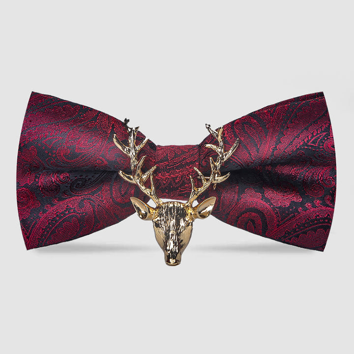 Men's Paisley Christmas Elk Head Decor Bow Tie - Burgundy & Gold - image 0