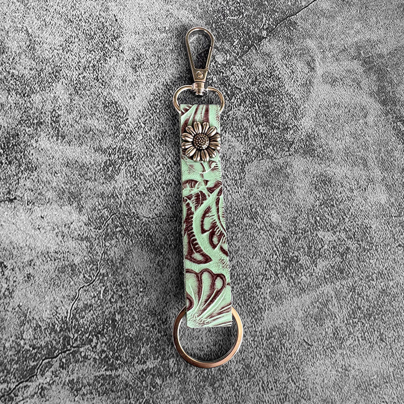 Western Genuine Leather Embossed Pendant Keychain - Green Flower - image 3