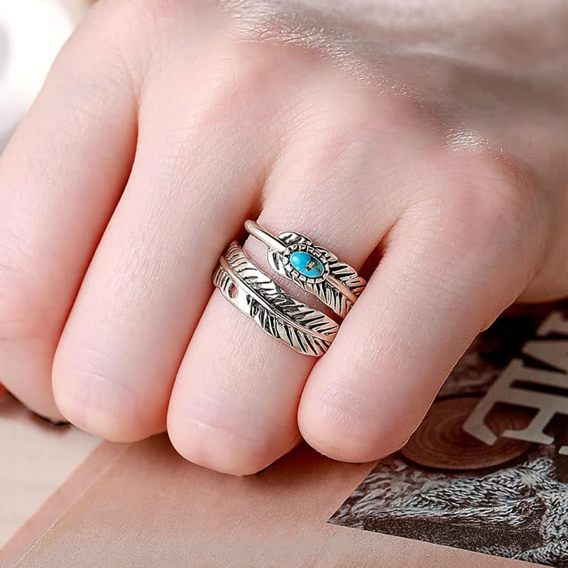 Silver Bohemian Style Inlaid Turquoise Feather Ring - image 1