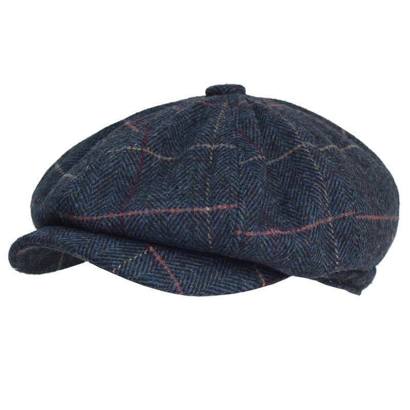 Herringbone & Plaid Warm Wool Blend Octagonal Beret Hat - Navy - Adjustable (22 1/2"-23 5/8") - image 0