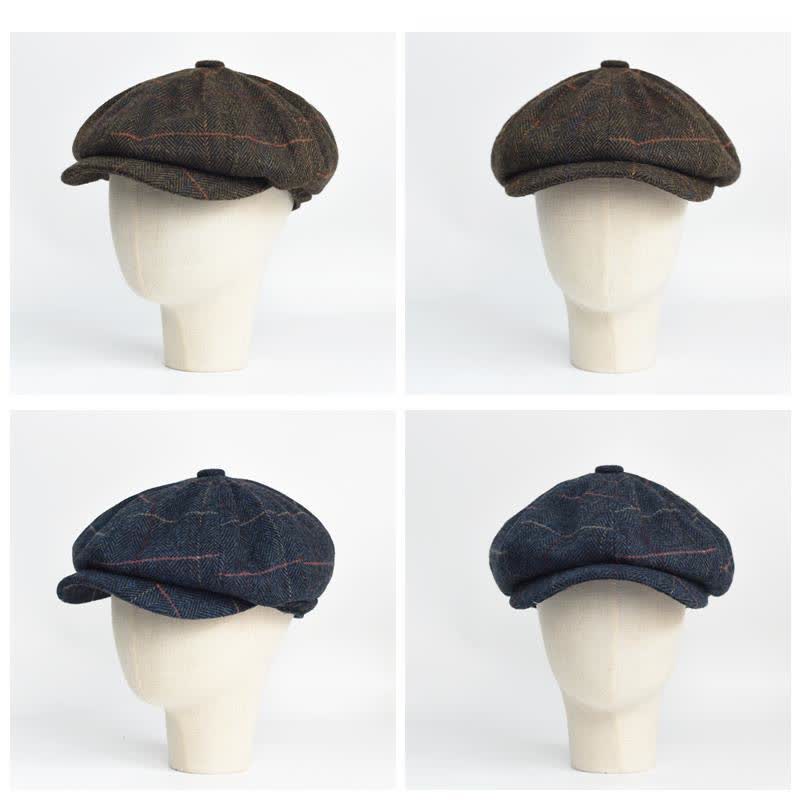 Herringbone & Plaid Warm Wool Blend Octagonal Beret Hat - image 6