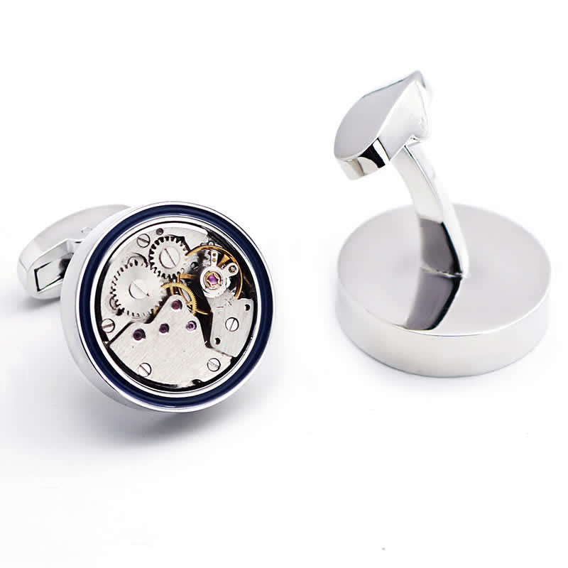 Mechanical Movements Shape Steampunk Gears Blue Ring Cufflinks - Silver - image 0