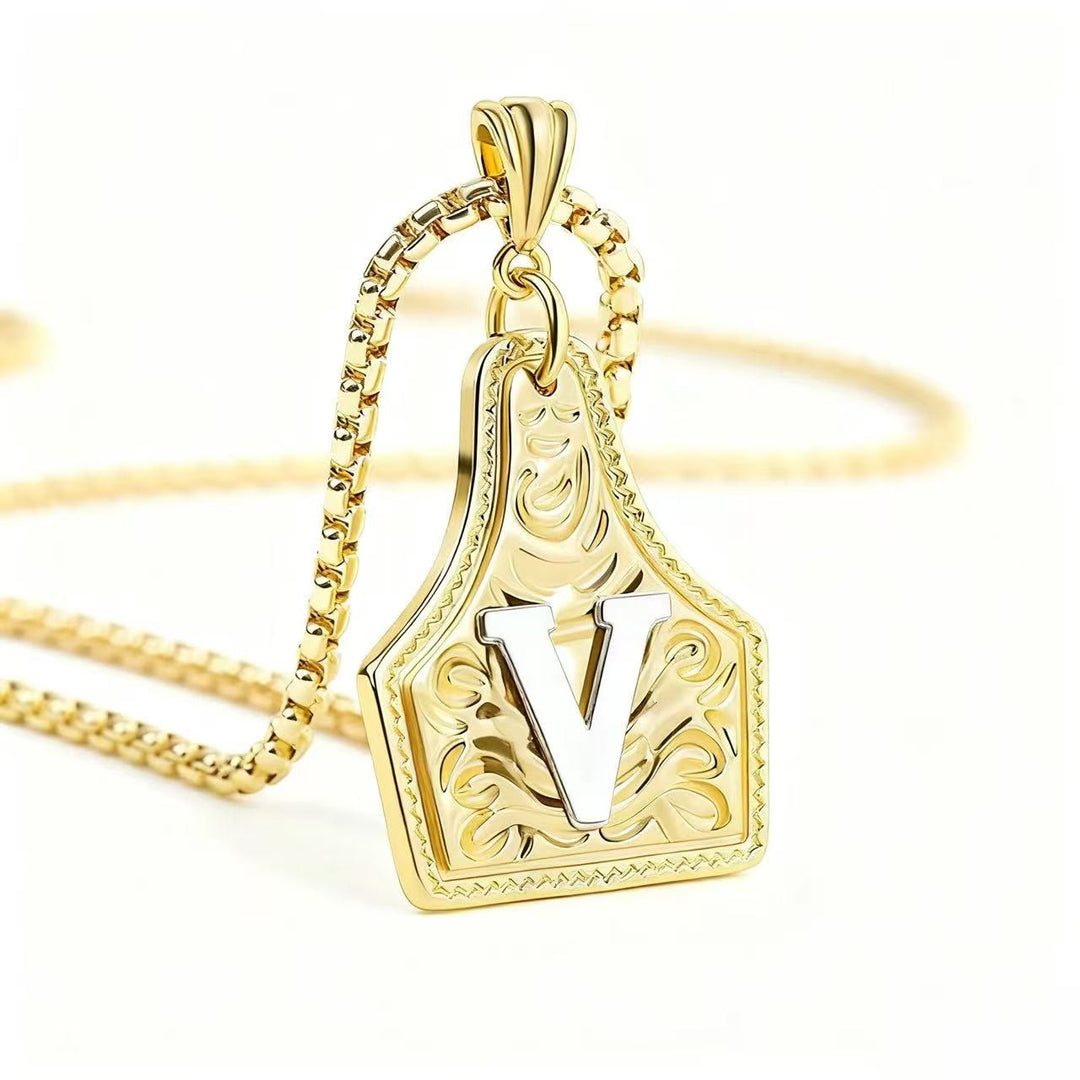 Golden & Silver Exquisite Letter Pendant Embossed Necklace - Golden - V - image 25