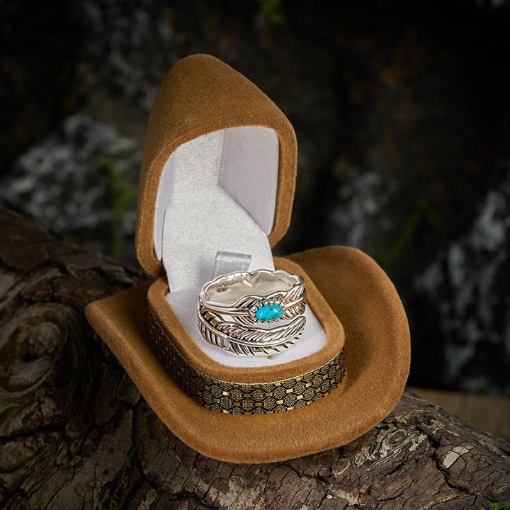 Silver Bohemian Style Inlaid Turquoise Feather Ring - image 2